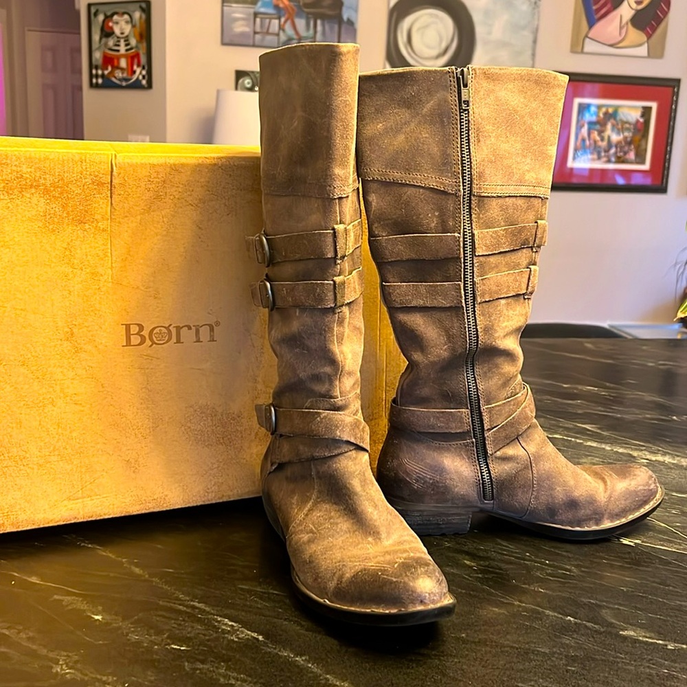 Born Odom Taupe Grey Peltro Oiled Suede 8M (39) Knee High (15”) Riding Boots